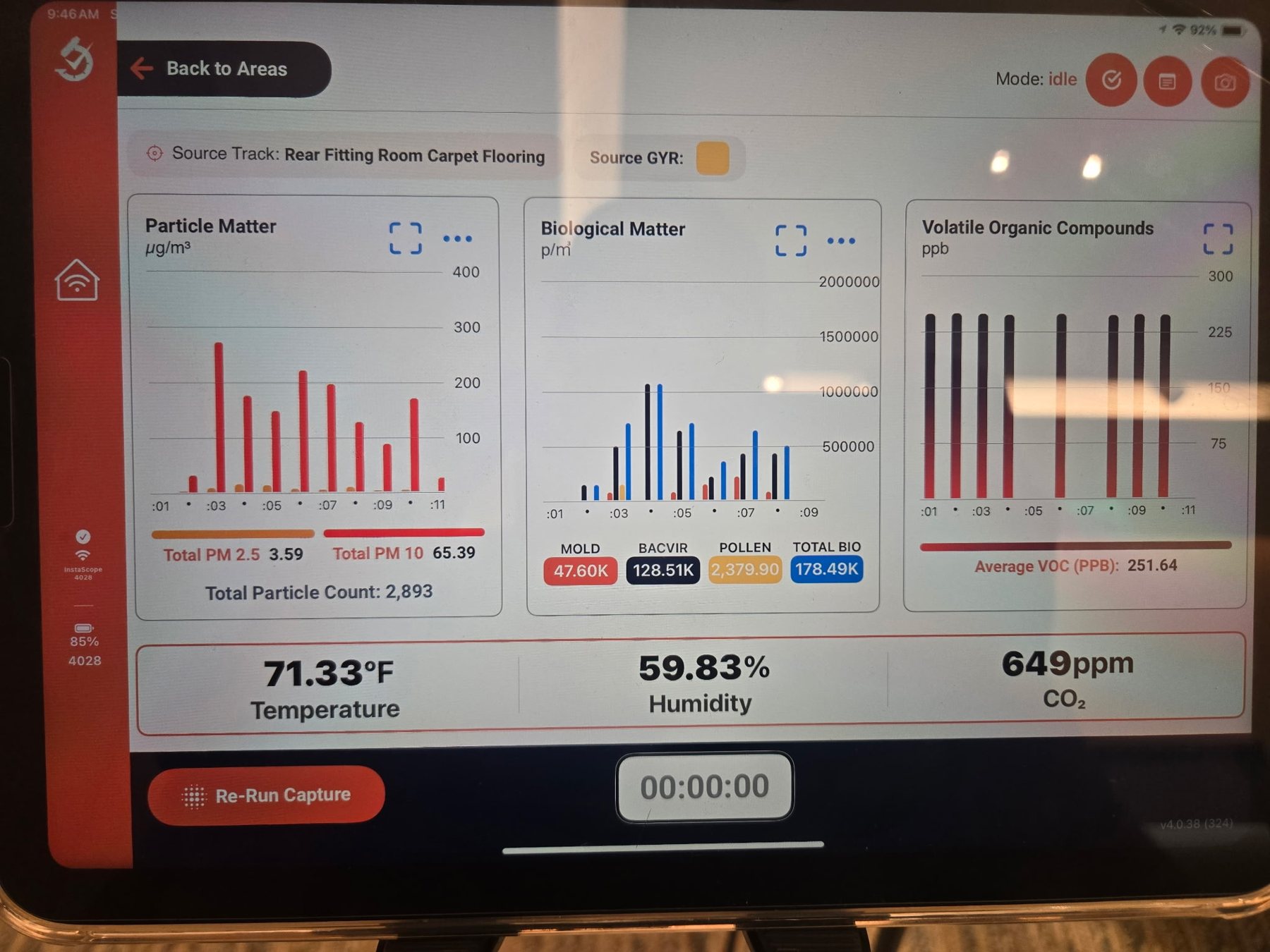 InstaScope screen showing live particle, biological and VOC readings during a Mold Shark survey