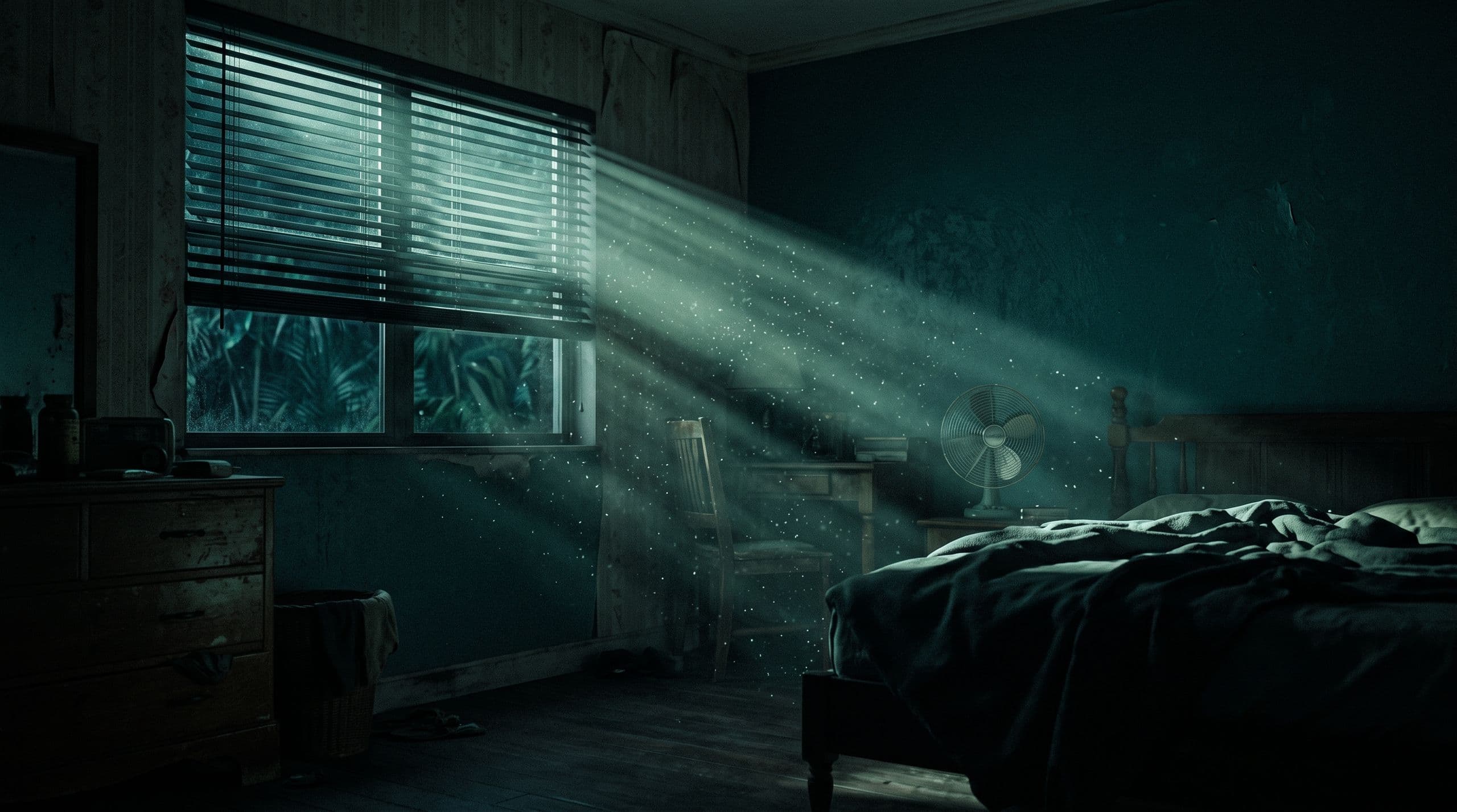 Airborne particles visible in light beams inside a Florida bedroom