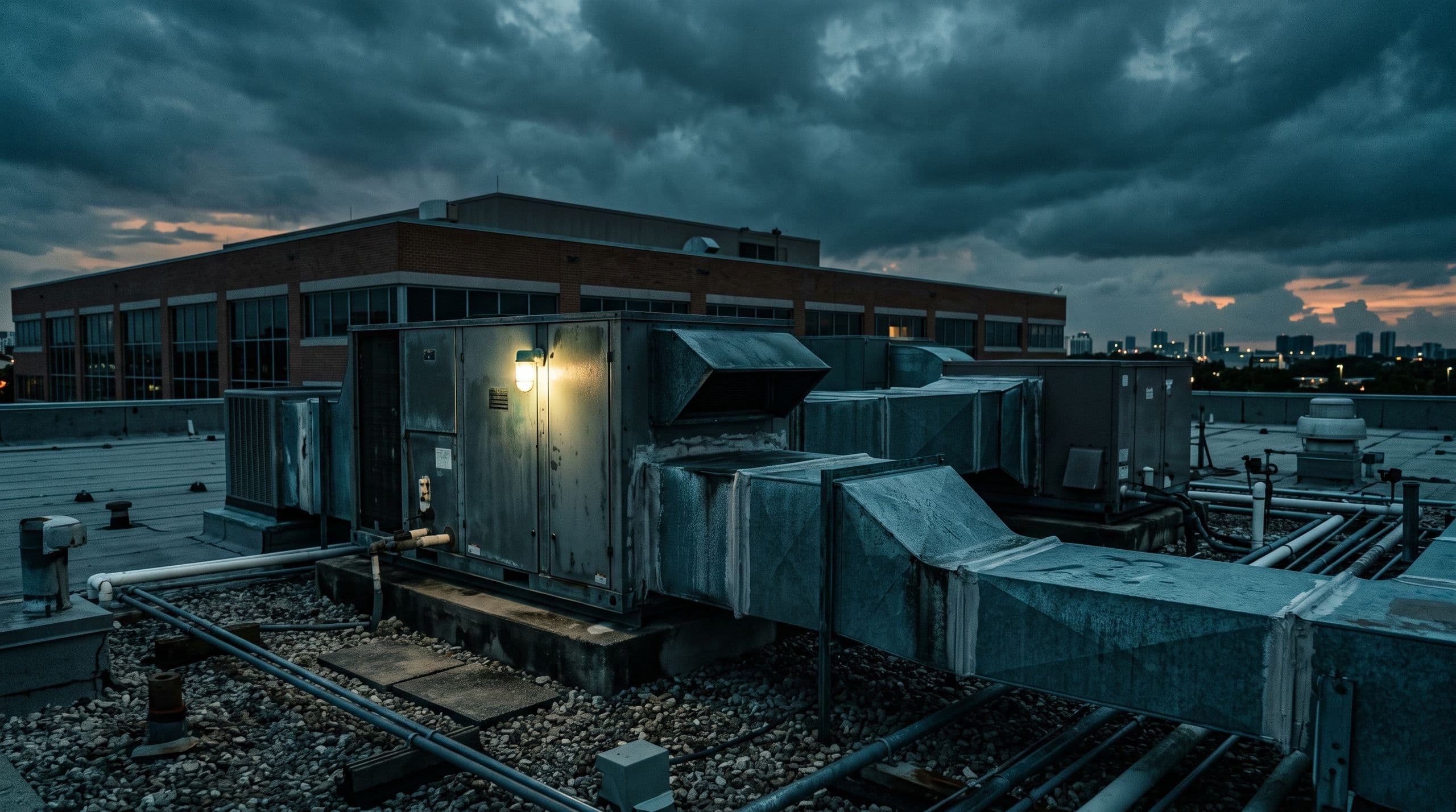 Rooftop HVAC air handlers on a Florida commercial building at dusk