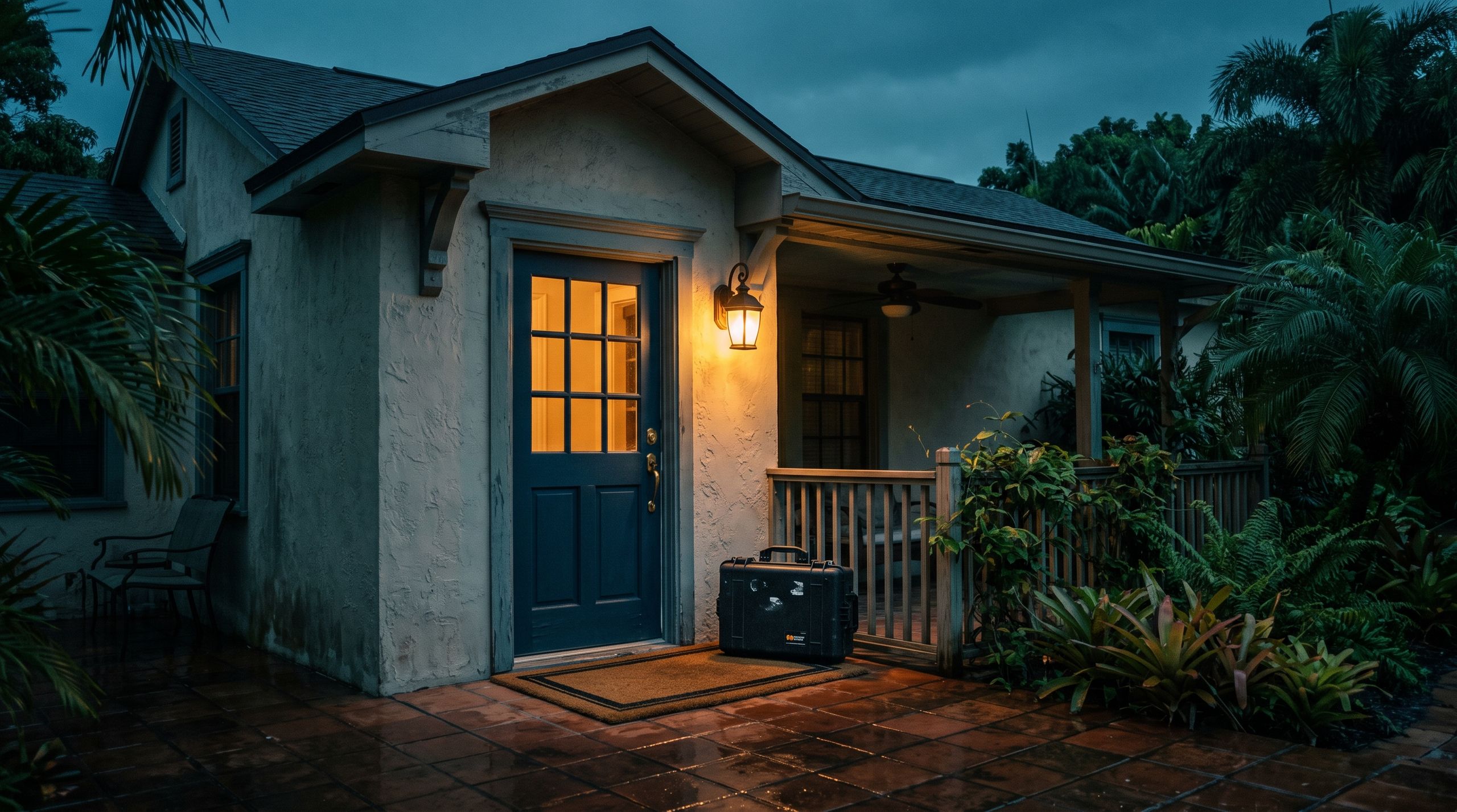 A Florida front porch at dusk with an inspection equipment case at the door