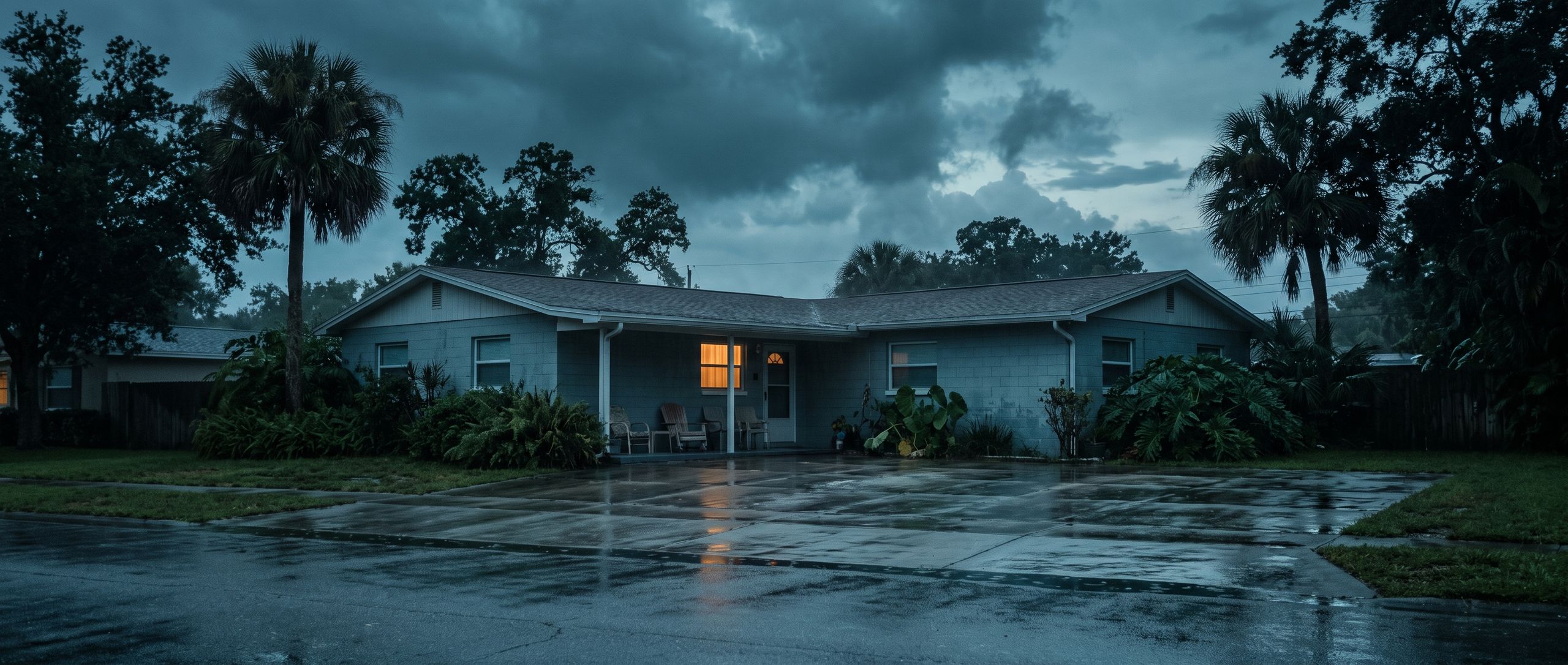 A Florida home at dusk after a rainstorm