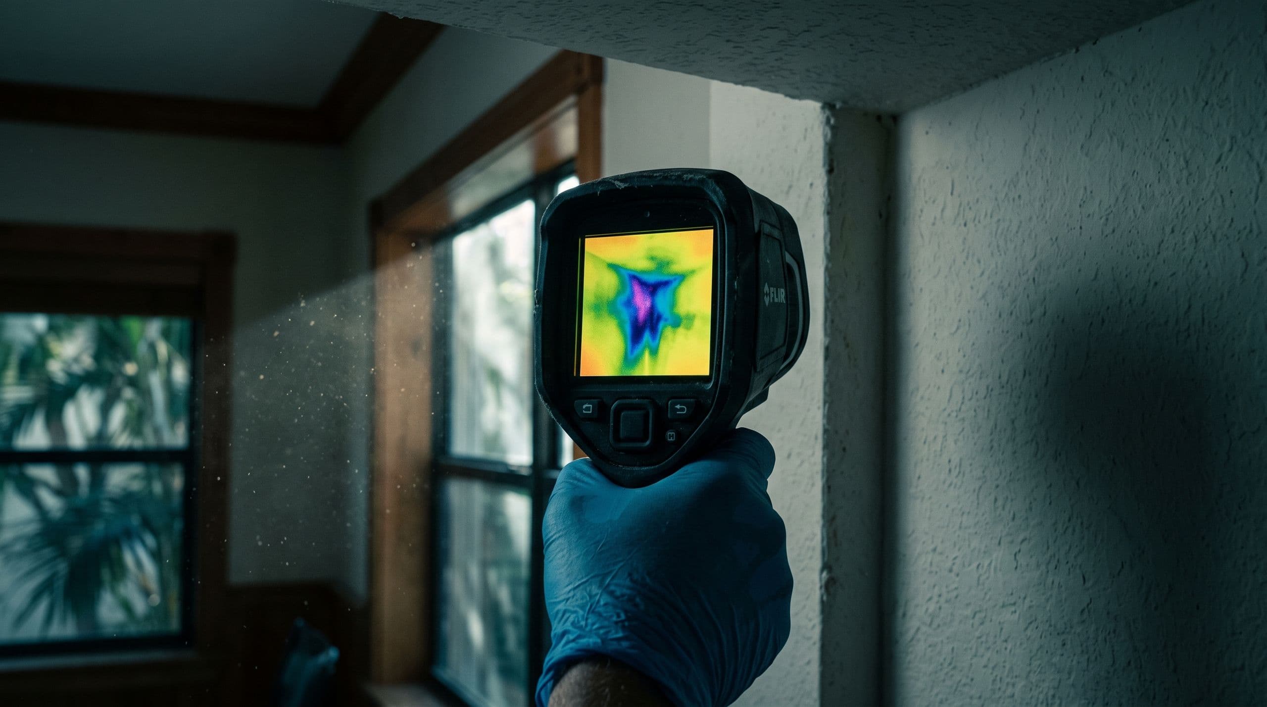 Thermal imaging camera revealing hidden moisture inside a wall