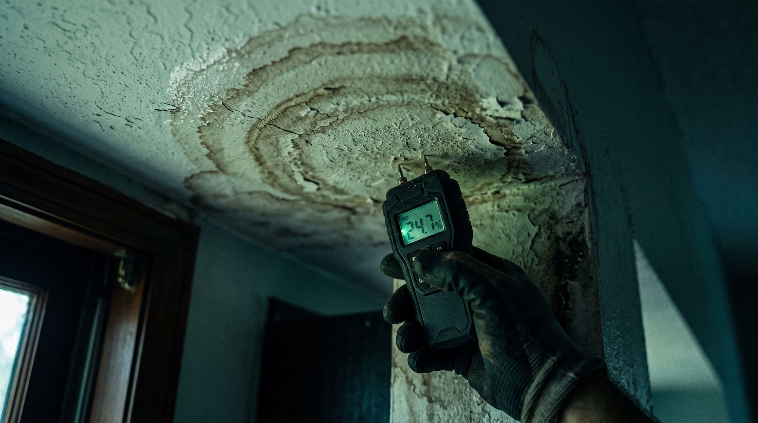 Moisture meter reading a water-stained ceiling