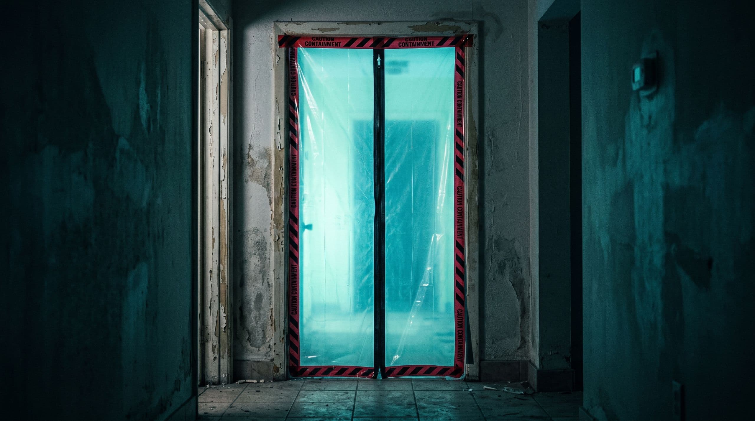 A containment barrier sealing a doorway after mold remediation