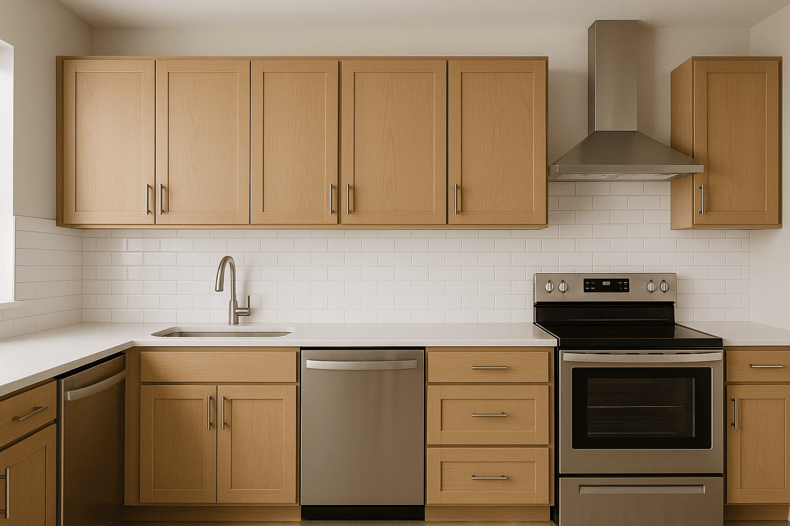 Newly finished kitchen with fresh cabinetry and flooring, common sources of off-gassing